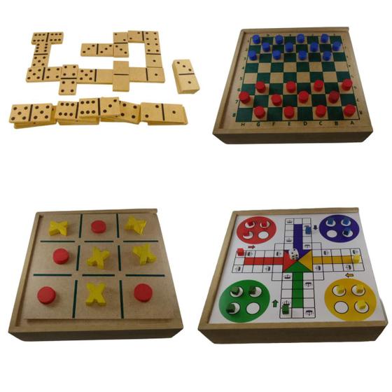 Imagem de Jogos Tabuleiro 4 em 1 Damas Ludo Jogo da Velha Dominó