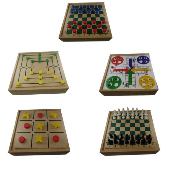 Imagem de Jogos Tabuleiro 5 Em 1 Xadrez Dama Ludo Trilha Jogo da Velha