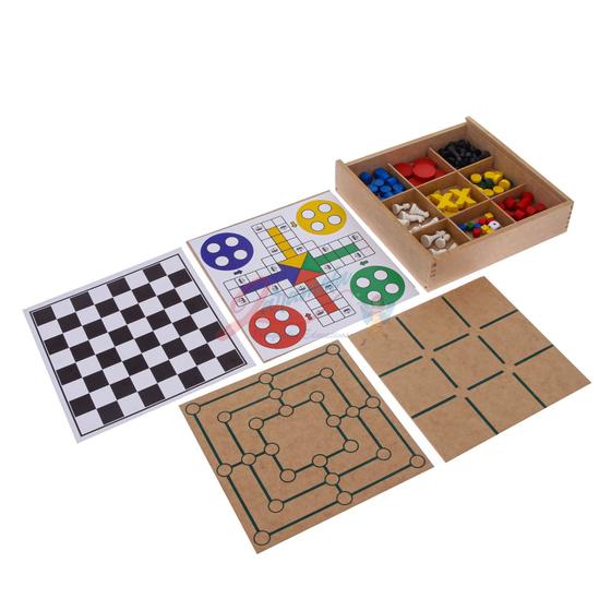 Imagem de Jogos tabuleiros 5em1  xadrez,dama,ludo,jogo da velha e trilha