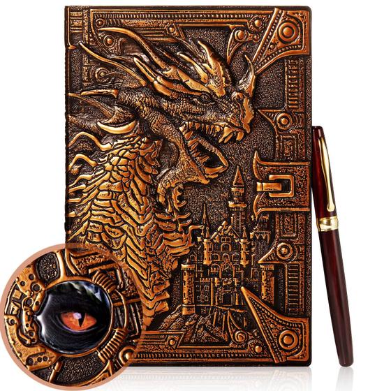 Imagem de Journal Pajean Dragon em couro em relevo A5 vermelho escuro com caneta