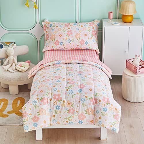 Imagem de Joyreap 4 Peças Algodão Toddler Conjunto de Cama, Rosa Flores Design, Soft n Respirável Algodão Toddler Comforter Set para Meninas, Inclui Comforter Acolchoado, Folha de Cama Equipada, Folha superior e Capa de Travesseiro