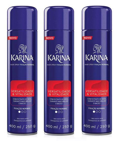 Karina Hair Spray Fixação Normal Kit 3 unidades de 400ml Menor preço em Karina Hair Spray Fixação Normal Kit 3 unidades de 400ml