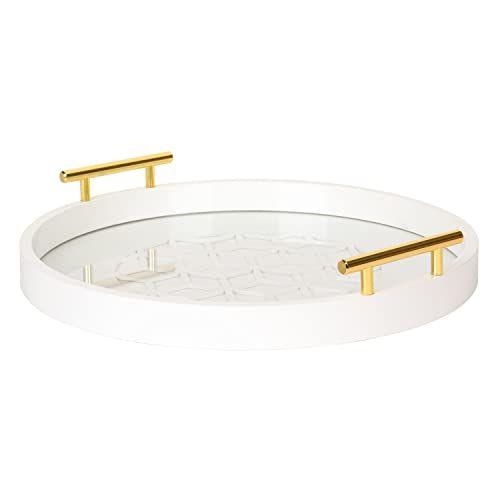 Imagem de Kate e Laurel Caspen Redonda Corte Padrão Bandeja Decorativa com Alças de Metal Dourado, Branco