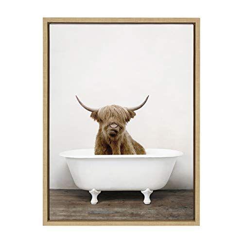 Imagem de Kate e Laurel Sylvie Highland Cow in Tub Color Framed Canvas Wall Art por Amy Peterson, 18x24 Natural, Chic Animal Art for Wall