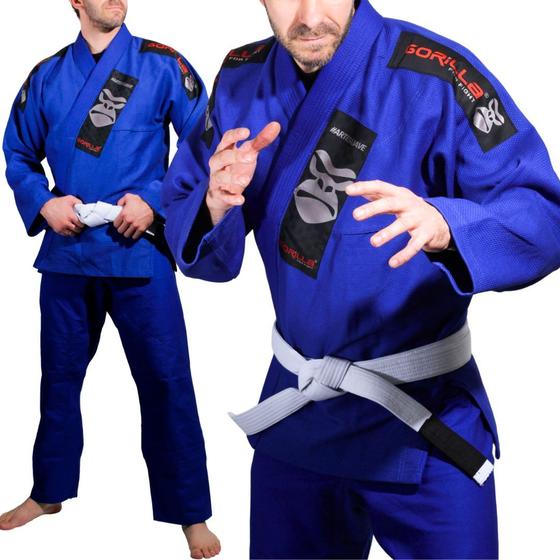 Imagem de Kimono Jiu-jitsu Masculino Competidor Competição Profissional Adulto Trançado Preto Azul Branco Gorilla