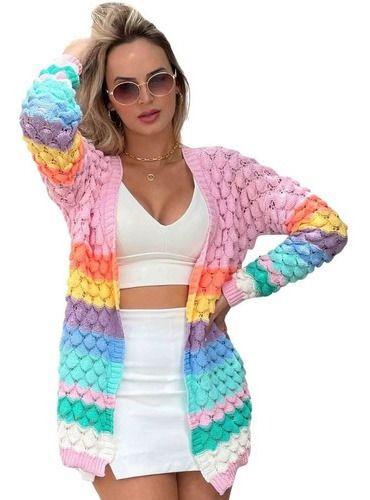 Imagem de Kimono Sobretudo Blogueira Cardigan Sueter Medio Longo Tricô Feminino Colorido Varias Cores Tendencia Moda Inverno