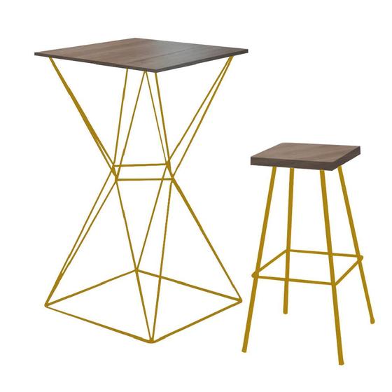 Imagem de Kit 01 Banqueta Alta Eliza Com 01 Mesa Bistrô Lucca Industrial Ferro Dourado 100% MDF Freijó - Ahazzo Móveis