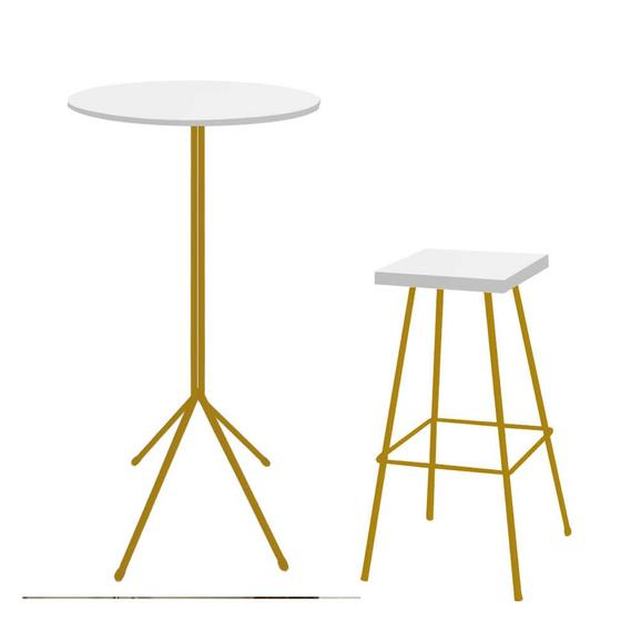 Imagem de Kit 01 Banqueta Alta Eliza Com 01 Mesa Bistrô Nunno Industrial Ferro Dourado 100% MDF Branco - Ahazzo Móveis