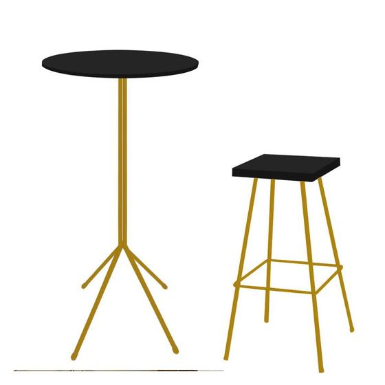 Imagem de Kit 01 Banqueta Alta Eliza Com 01 Mesa Bistrô Nunno Industrial Ferro Dourado 100% MDF Preto - Ahazzo Móveis