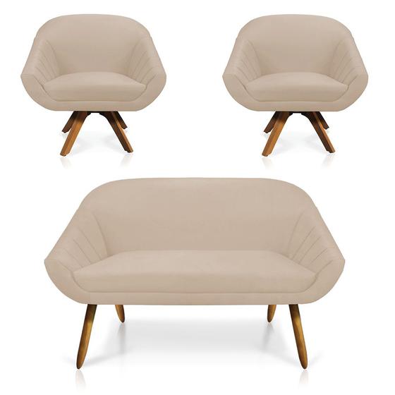 Imagem de Kit 01 Namoradeira 02 Lugares e 02 Poltronas Giratória Giovana Suede Bege Base Madeira MM30 - D'Rossi