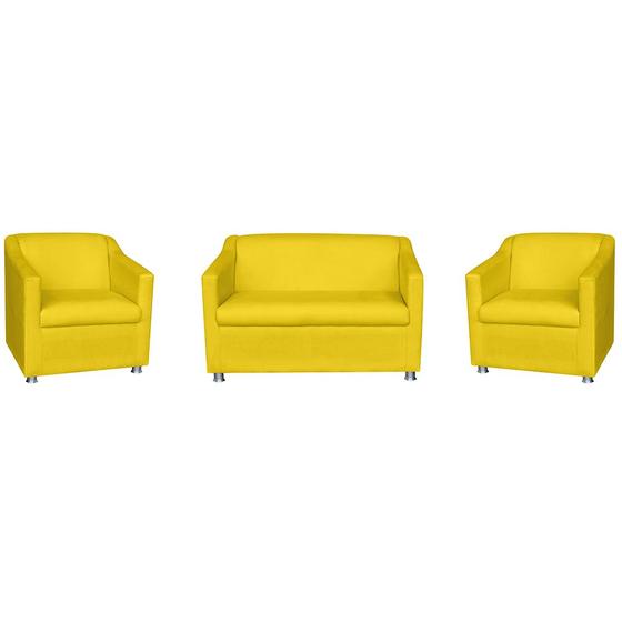 Imagem de Kit 01 Namoradeira mais 02 Poltrona Decorativa Tilla Pés Cromados Suede Amarelo - DS Estofados