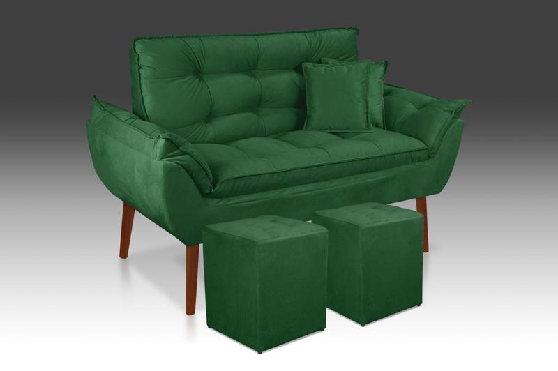 Imagem de Kit 01 Namoradeira Opala + 02 Puff Quadrado + 02 Almofadas Suede verde Pandora Decor 