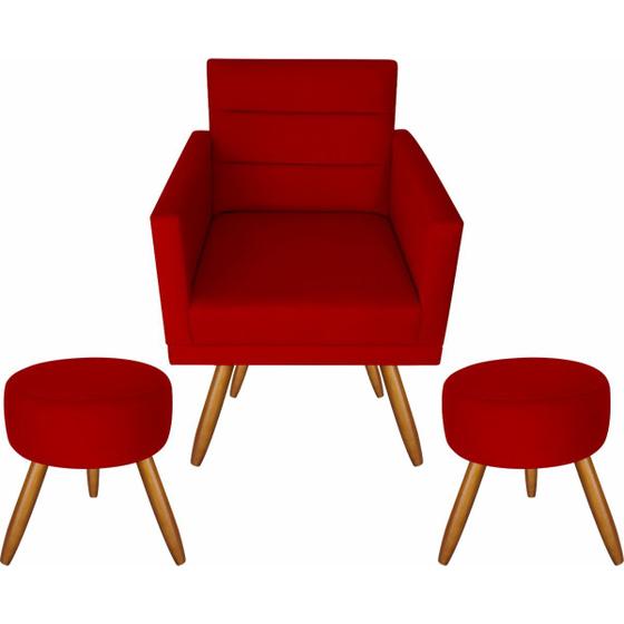 Imagem de Kit 01 Poltrona Luxo Decorativa Nina E 2 Puff Suede Vermelho