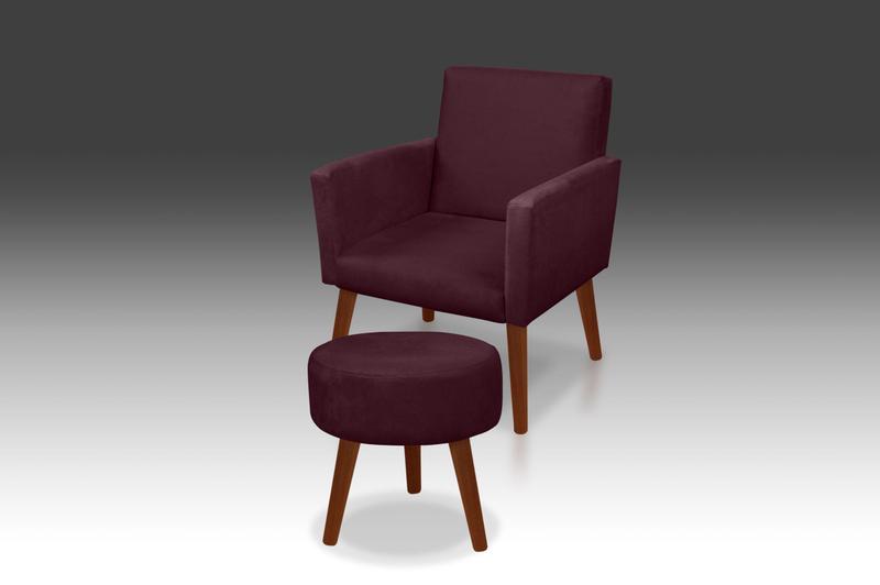 Imagem de Kit 01 Poltrona Nina + 01 Puf Redondo Suede Bordo-MODENA DECOR 