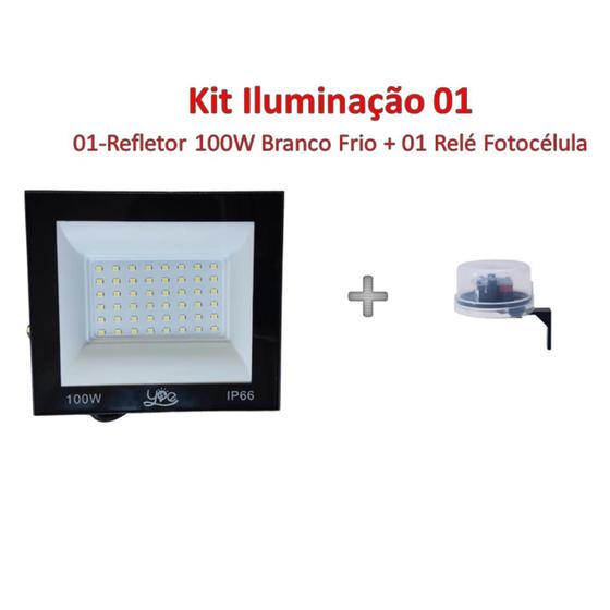 Imagem de Kit  01 refletor led holofote 100w + 01 relé fotocélula  acende a noite e apaga de dia