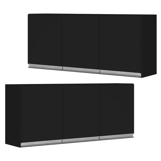 Imagem de Kit 02 Armários Aéreo Cozinha Planejada Lux 120cm MDF 03 Portas Preto TX Fosco - Abmaza