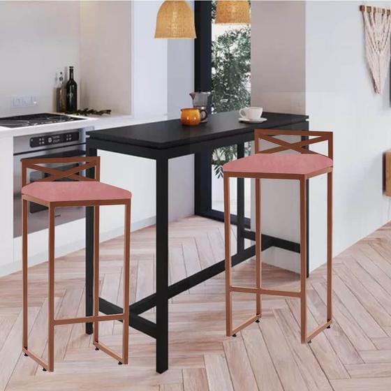 Imagem de Kit 02 Banqueta Alta Com Encosto Ema Balcão Bar Cozinha Bistrô Ferro Bronze Suede Rose Gold - Ahazzo Móveis