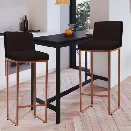 Imagem de Kit 02 Banqueta Alta Com Encosto Lucca -60cm chão até o assento Industrial Ferro Bronze Suede Marrom - Ahazzo Móveis