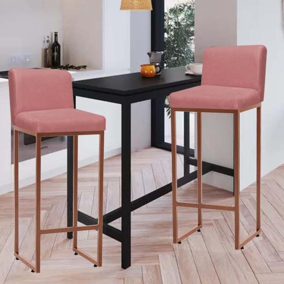 Imagem de Kit 02 Banqueta Alta Com Encosto Lucca -60cm chão até o assento Industrial Ferro Bronze Suede Rose Gold - Ahz Móveis