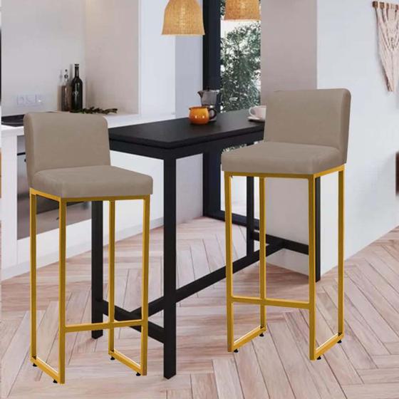 Imagem de Kit 02 Banqueta Alta Com Encosto Lucca -60cm chão até o assento Industrial Ferro Dourado Suede Bege - Ahz Móveis