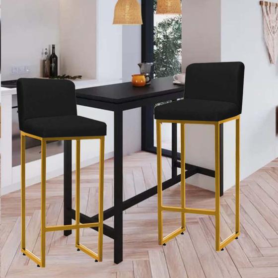 Imagem de Kit 02 Banqueta Alta Com Encosto Lucca -60cm chão até o assento Industrial Ferro Dourado Suede Preto - Ahazzo Móveis