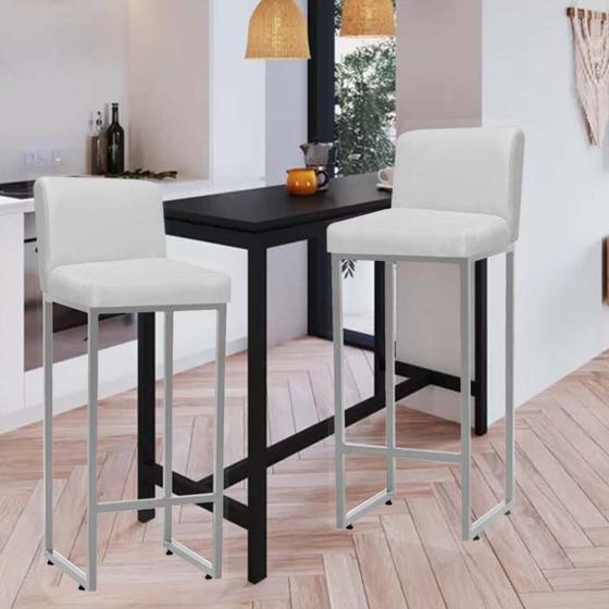 Imagem de Kit 02 Banqueta Alta Com Encosto Lucca -60cm chão até o assento Industrial Ferro Prata Sintético Branco - Ahazzo Móveis