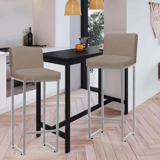 Imagem de Kit 02 Banqueta Alta Com Encosto Lucca -60cm chão até o assento Industrial Ferro Prata Suede Bege - Ahz Móveis