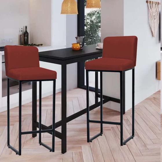 Imagem de Kit 02 Banqueta Alta Com Encosto Lucca -60cm chão até o assento Industrial Ferro Preto Sintético Vermelho - Ahz Móveis