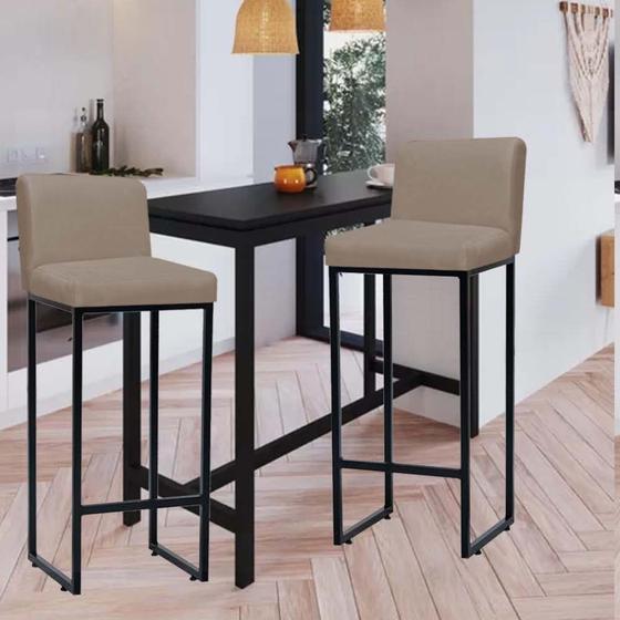 Imagem de Kit 02 Banqueta Alta Com Encosto Lucca -60cm chão até o assento Industrial Ferro Preto Suede Bege - Ahz Móveis