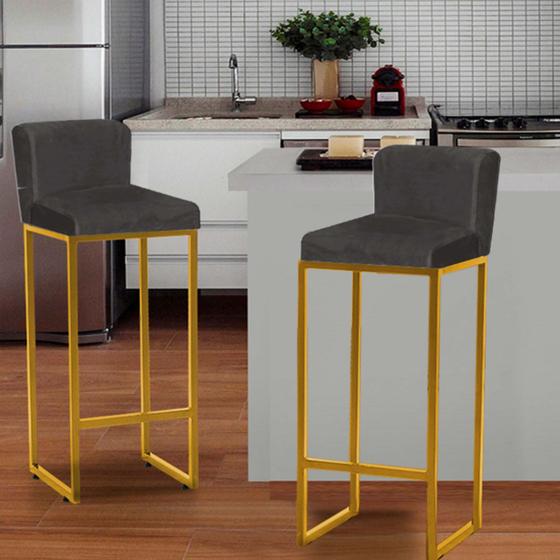 Imagem de Kit 02 Banqueta Alta Com Encosto Lucca Industrial Cozinha Balcão Bistrô Ferro Dourado Suede Cinza -Ahazzo Móveis