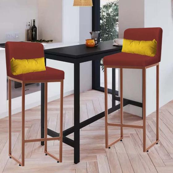 Imagem de Kit 02 Banqueta Alta com Encosto Lucca Industrial Cozinha Balcão Ferro Bronze Suede Vermelho e Almofada Amarelo - Ahazzo Móveis