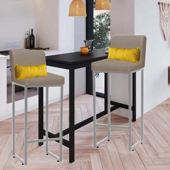 Imagem de Kit 02 Banqueta Alta com Encosto Lucca Industrial Cozinha Balcão Ferro Cinza Suede Bege e Almofada Amarelo - Ahazzo Móveis