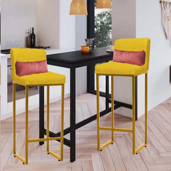 Imagem de Kit 02 Banqueta Alta com Encosto Lucca Industrial Cozinha Balcão Ferro Dourado Suede Amarelo e Almofada Rose Gold - Ahazzo Móveis