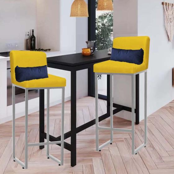 Imagem de Kit 02 Banqueta Alta com Encosto Lucca Industrial Cozinha Balcão Ferro Prata Suede Amarelo e Almofada Azul Marinho - Ahz Móveis