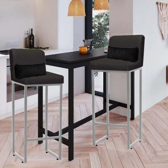 Imagem de Kit 02 Banqueta Alta com Encosto Lucca Industrial Cozinha Balcão Ferro Prata Suede Cinza e Almofada Preto - Ahz Móveis