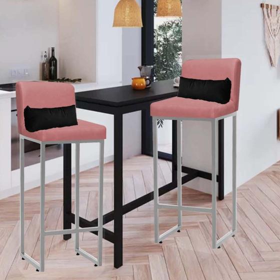 Imagem de Kit 02 Banqueta Alta com Encosto Lucca Industrial Cozinha Balcão Ferro Prata Suede Rose Gold e Almofada Preto - Ahz Móveis