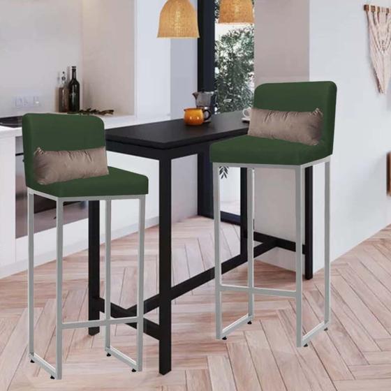 Imagem de Kit 02 Banqueta Alta com Encosto Lucca Industrial Cozinha Balcão Ferro Prata Suede Verde e Almofada Bege - Ahazzo Móveis