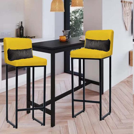 Imagem de Kit 02 Banqueta Alta com Encosto Lucca Industrial Cozinha Balcão Ferro Preto Sintético Amarelo e Almofada Cinza - Ahazzo Móveis