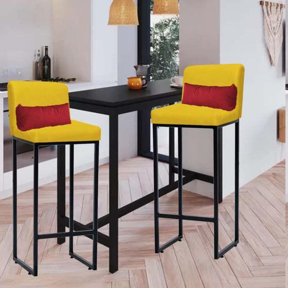 Imagem de Kit 02 Banqueta Alta com Encosto Lucca Industrial Cozinha Balcão Ferro Preto Sintético Amarelo e Almofada Vermelho - Ahazzo Móveis