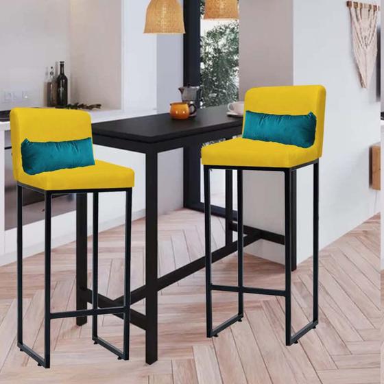 Imagem de Kit 02 Banqueta Alta com Encosto Lucca Industrial Cozinha Balcão Ferro Preto Suede Amarelo e Almofada Azul Turquesa - Ahazzo Móveis