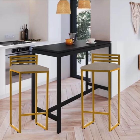 Imagem de Kit 02 Banqueta Alta Com Encosto Núria Balcão Bar Cozinha Bistrô Ferro Dourado material sintético Bege - Ahazzo Móveis