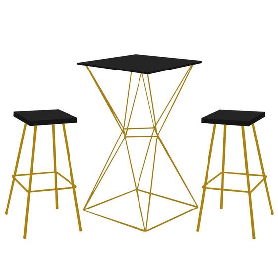 Imagem de Kit 02 Banqueta Alta Eliza Com 01 Mesa Bistrô Lucca Industrial Ferro Dourado 100% MDF Preto - Ahazzo Móveis