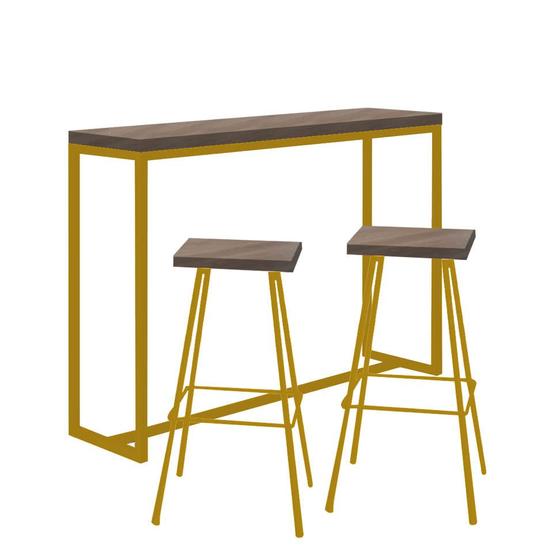 Imagem de Kit 02 Banqueta Alta Eliza Com 01 Mesa Bistrô Mavie Industrial Ferro Dourado 100% MDF Castanho - Ahazzo Móveis