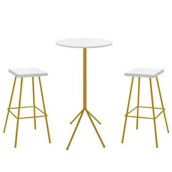 Imagem de Kit 02 Banqueta Alta Eliza Com 01 Mesa Bistrô Nunno Industrial Ferro Dourado 100% MDF Branco - Ahazzo Móveis