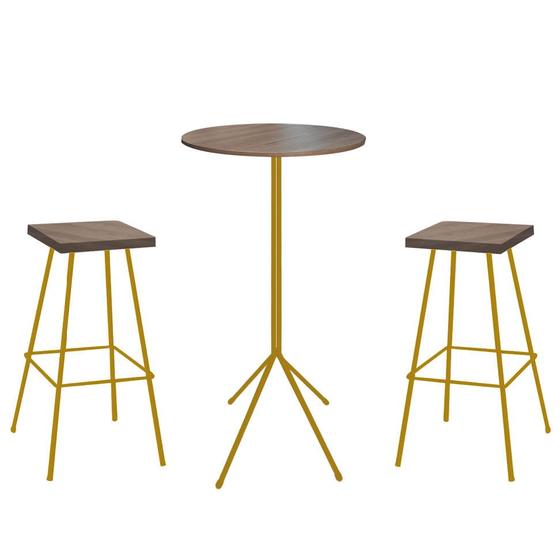 Imagem de Kit 02 Banqueta Alta Eliza Com 01 Mesa Bistrô Nunno Industrial Ferro Dourado 100% MDF Madeira - Ahazzo Móveis