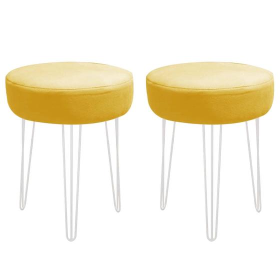 Imagem de Kit 02 Banqueta Alta Julia Industrial 55cm Ferro Branco material sintético Amarelo - Ahazzo Móveis