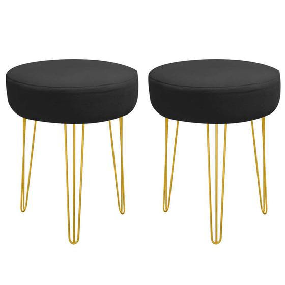 Imagem de Kit 02 Banqueta Alta Julia Industrial 55cm Ferro Dourado material sintético Preto - Ahz Móveis