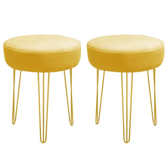 Imagem de Kit 02 Banqueta Alta Julia Industrial 55cm Ferro Dourado Suede Amarelo - Ahazzo Móveis