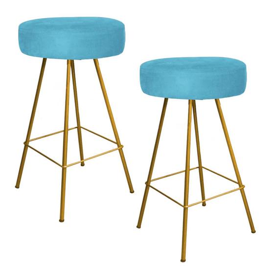 Imagem de Kit 02 Banqueta Alta Laisa Industrial Cozinha Bar Balcão Bistrô Ferro Dourado Suede Azul Turquesa - Ahz Móveis