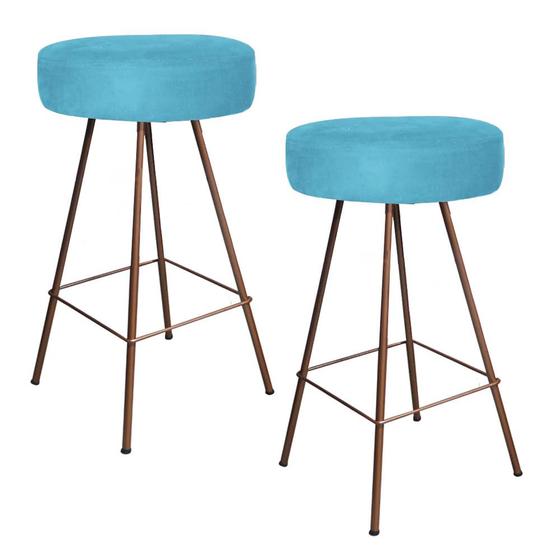 Imagem de Kit 02 Banqueta Alta Laisa Industrial Redonda Cozinha Bar Balcão Bistrô Ferro Bronze Suede Azul Turquesa - Ahazzo Móveis